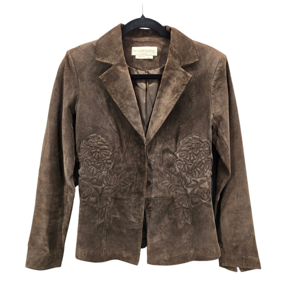 Margaret Godfrey Petite Brown Suede Floral Embroidered Blazer Jacket Women Y2K